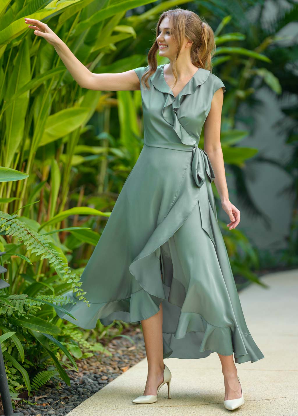 Sage green wrap silk dress