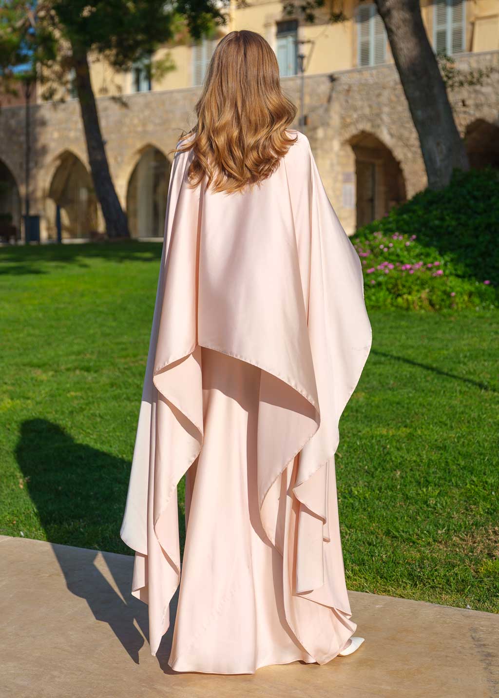Light Champagne Silk Dress & Detachable Cape