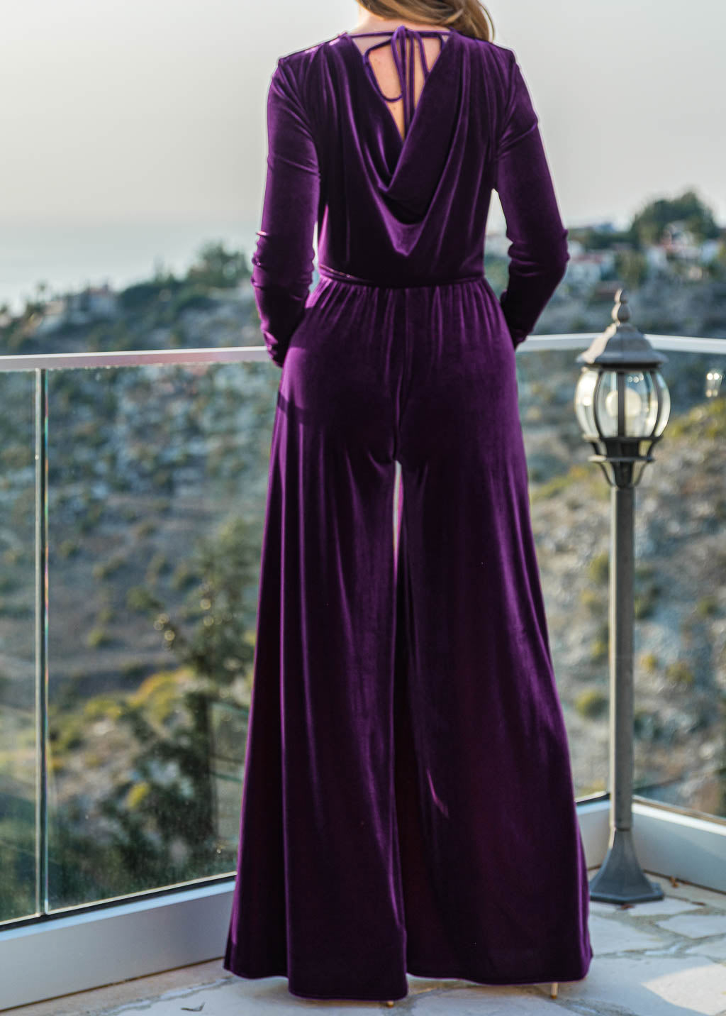 Velvet Jumpsuit in Purple with Long Sleeves