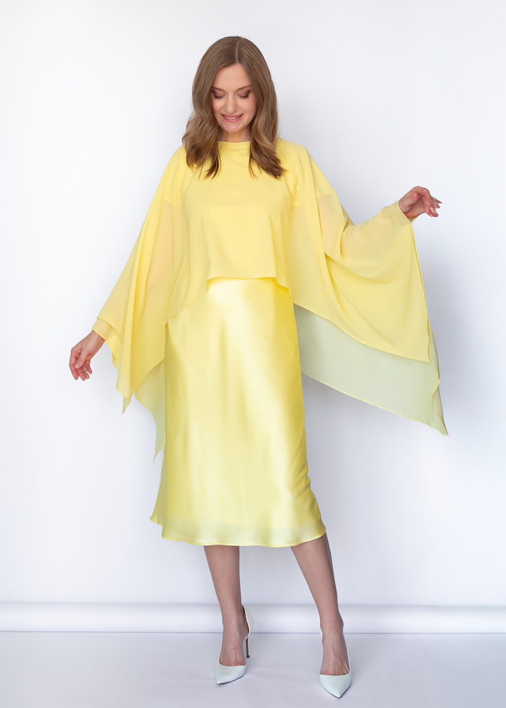 Elegant Lemon Sorbet Silk Midi Dress with Chiffon Dress