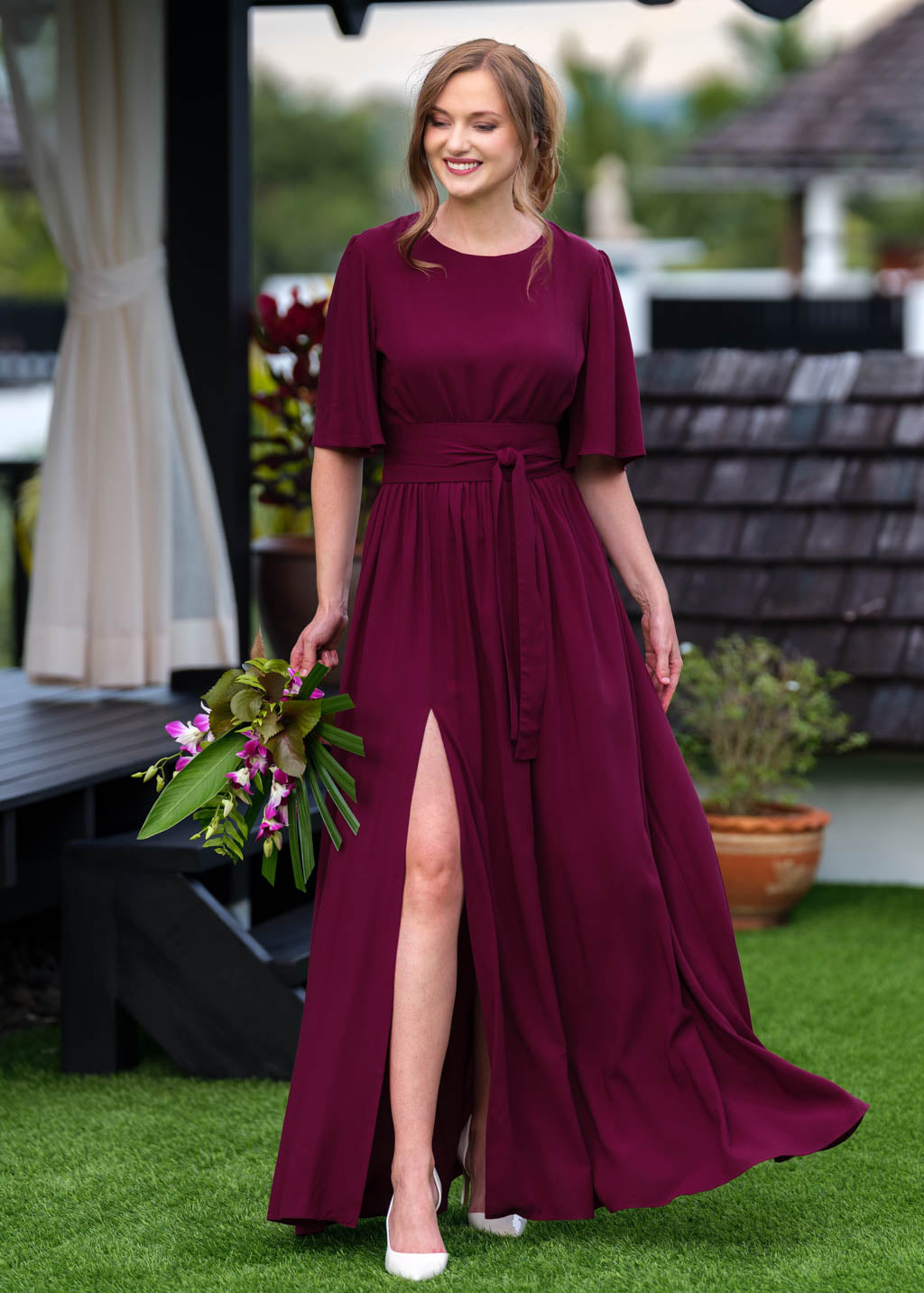 Burgundy long dress with belt