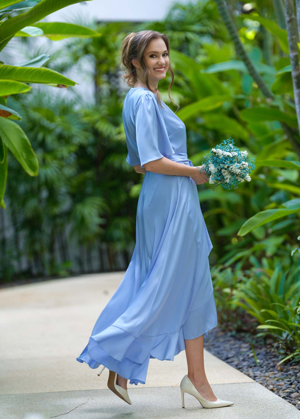 Baby blue wrap silk dress