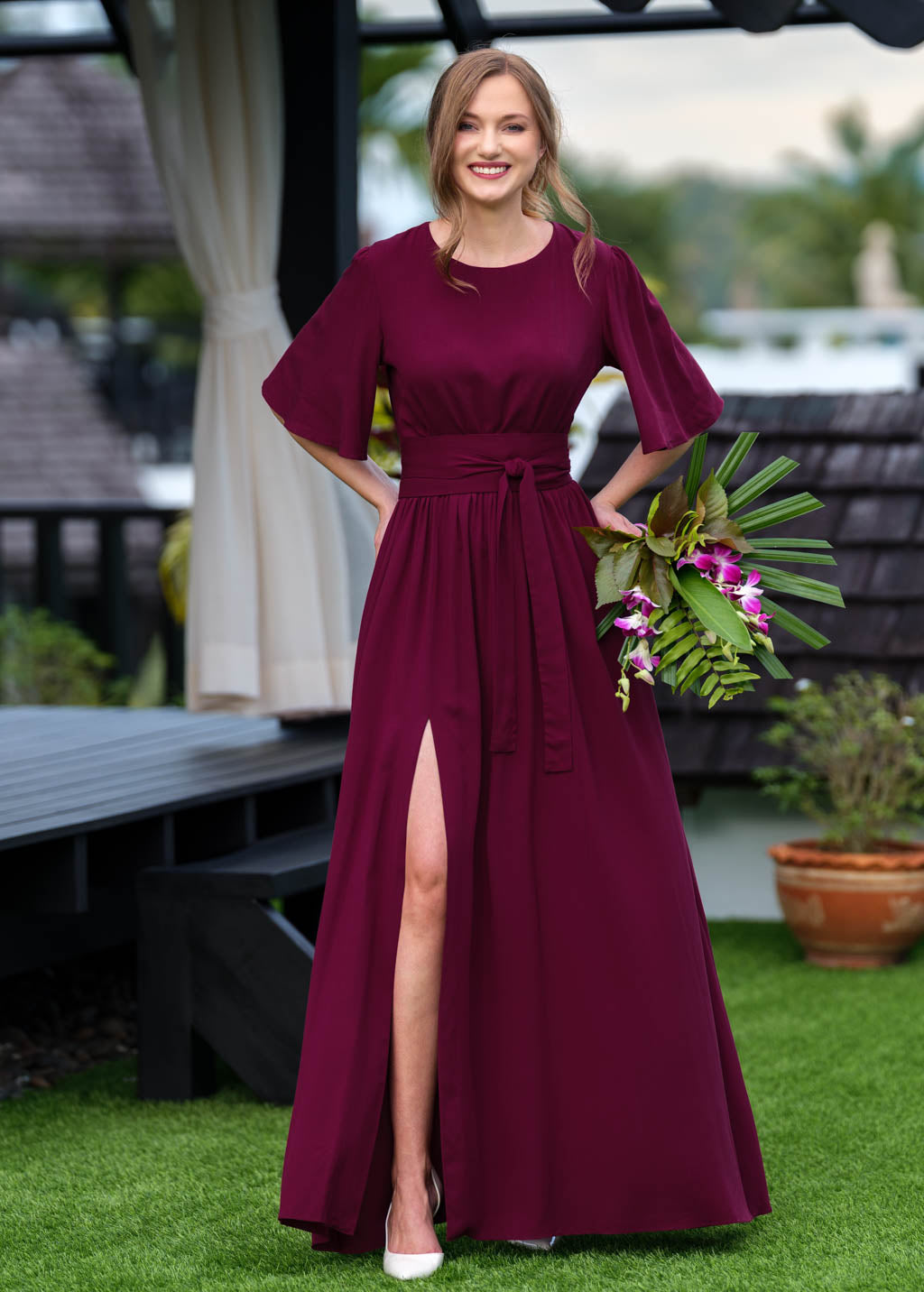 Burgundy slit dress with belt