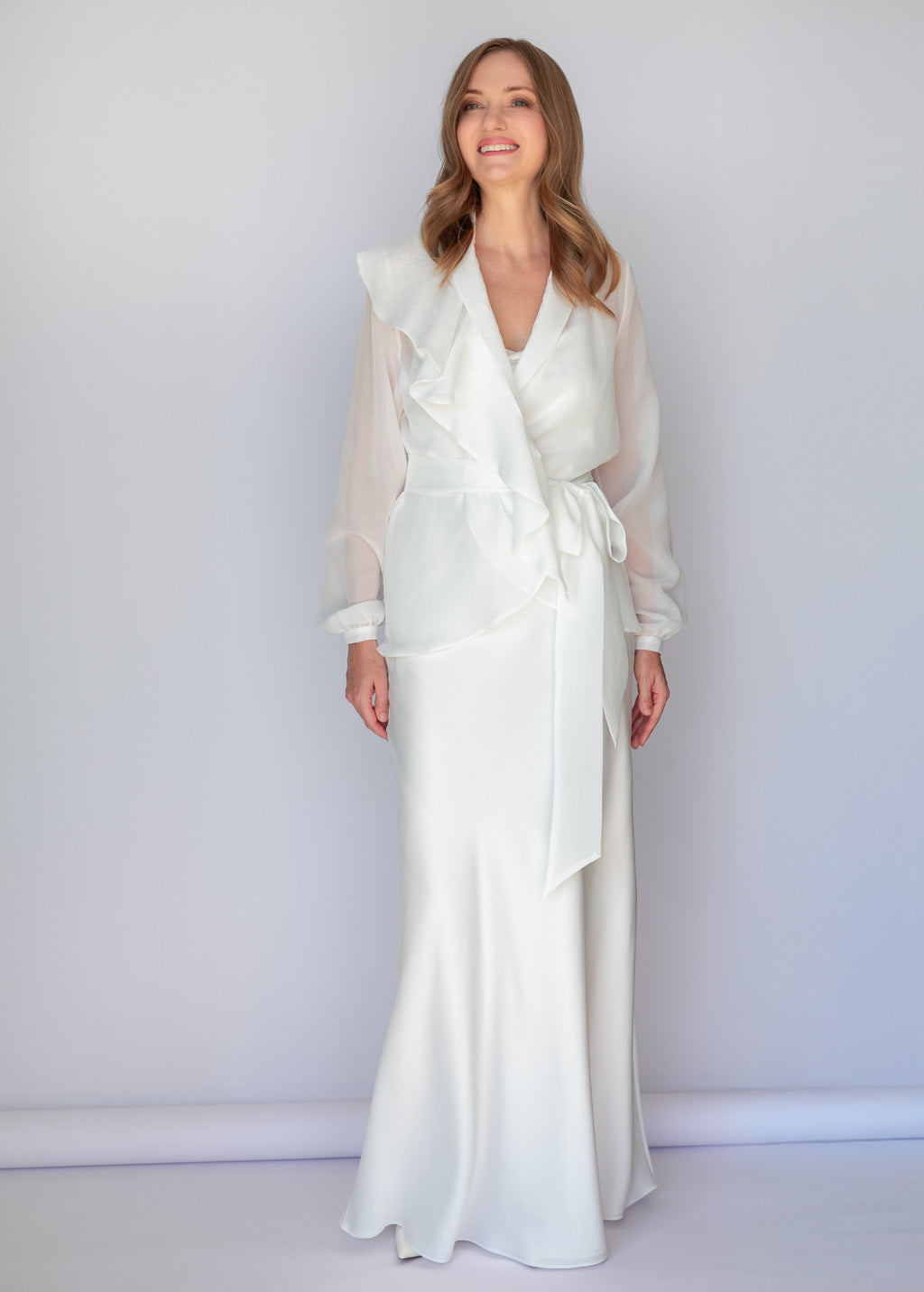 Ivory Bias Cut Silk Satin Maxi Dress with Chiffon Blouse