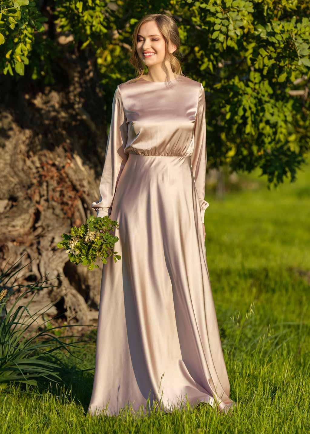 Champagne beige silk long dress