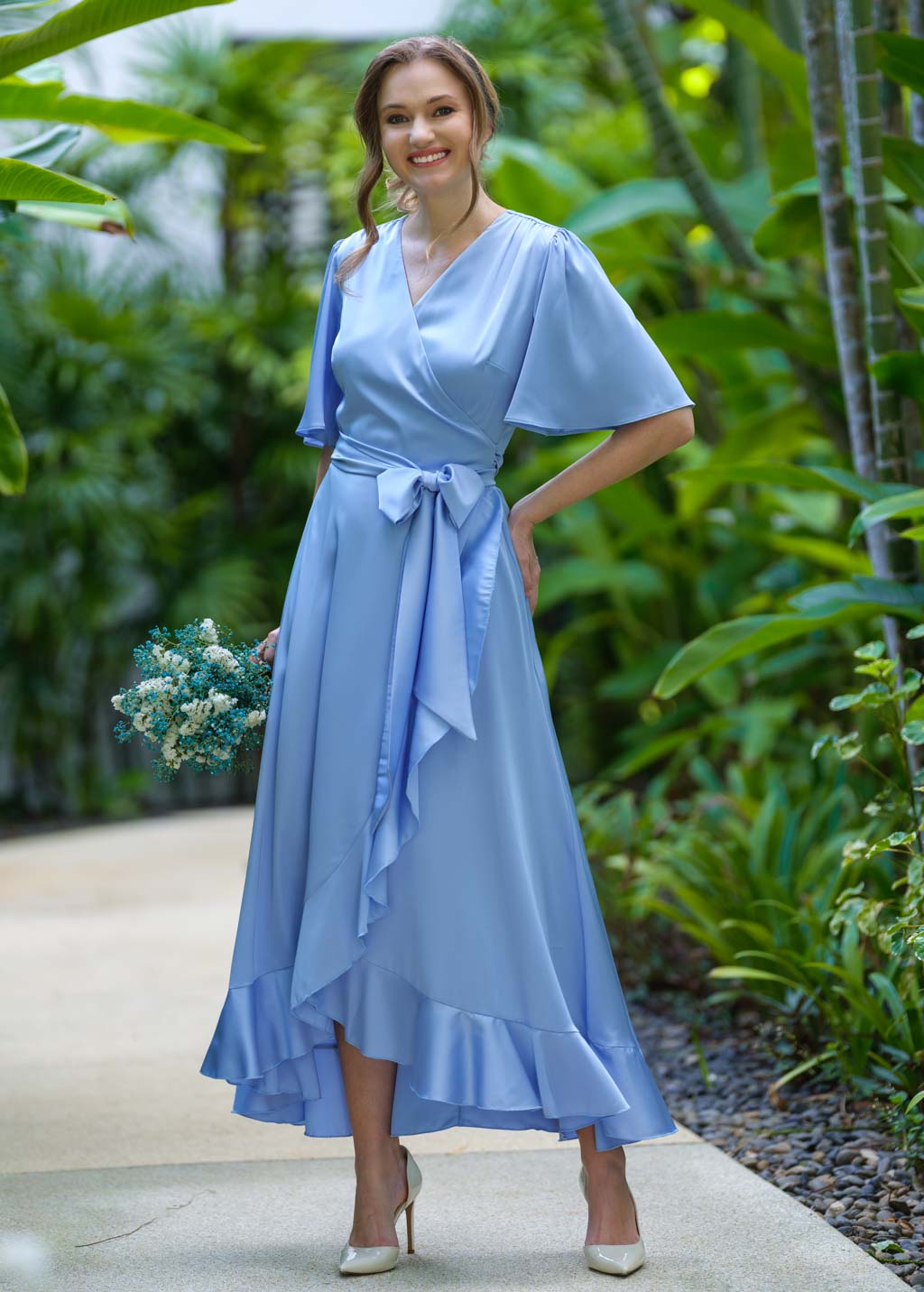 Baby blue wrap silk dress