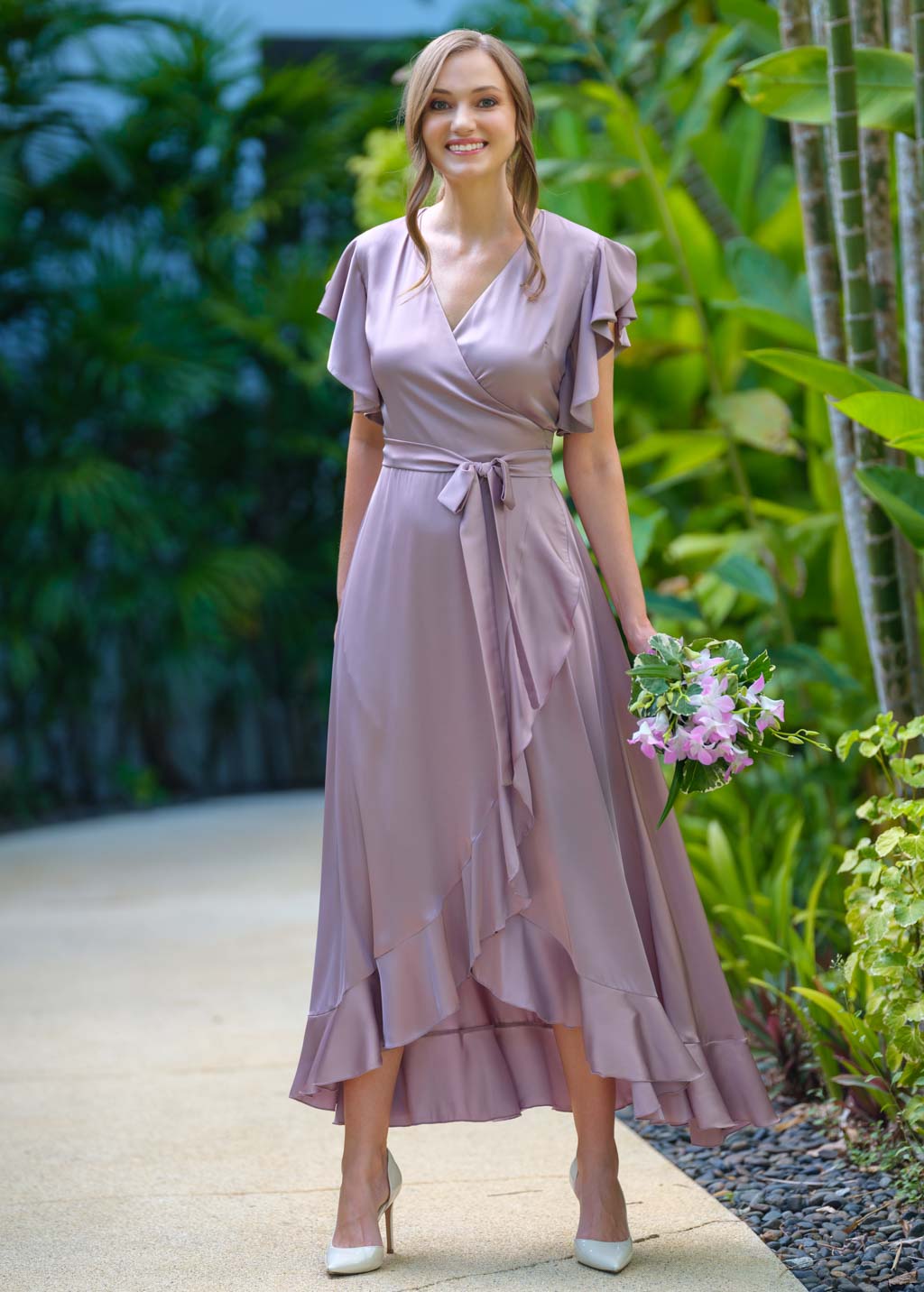 Taupe wrap silk dress