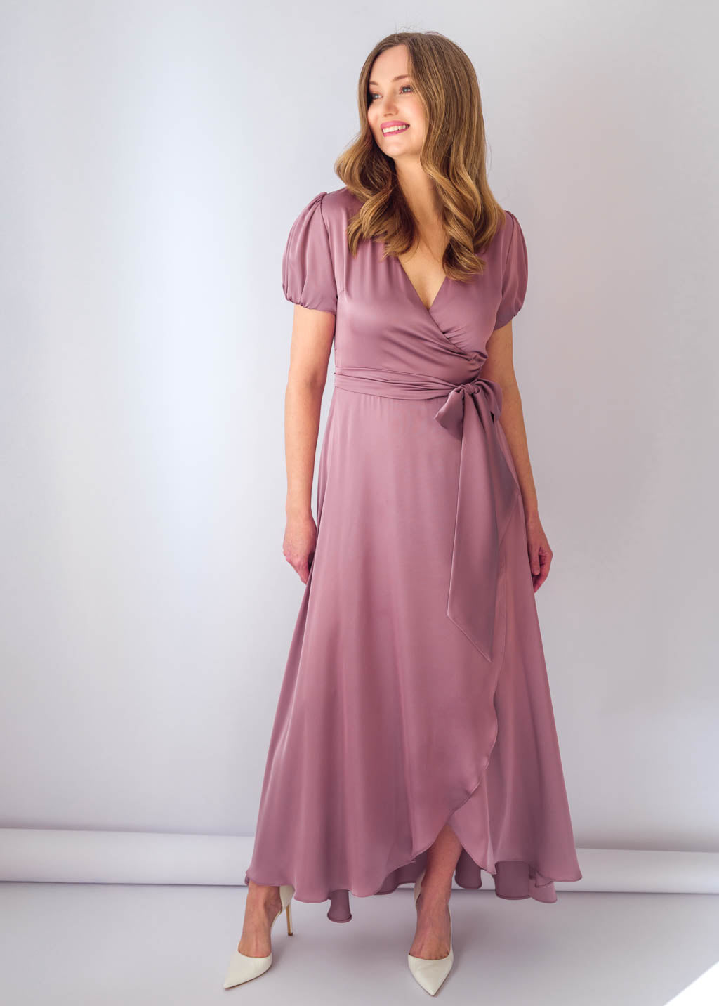 Champagne Rose Silk Wrap Dress with Puff Sleeve