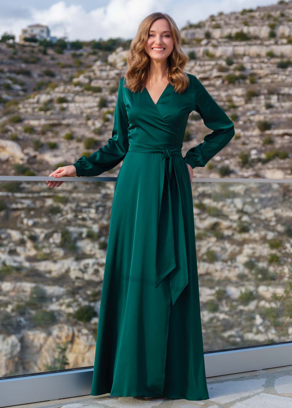Dark green long silk wrap dress