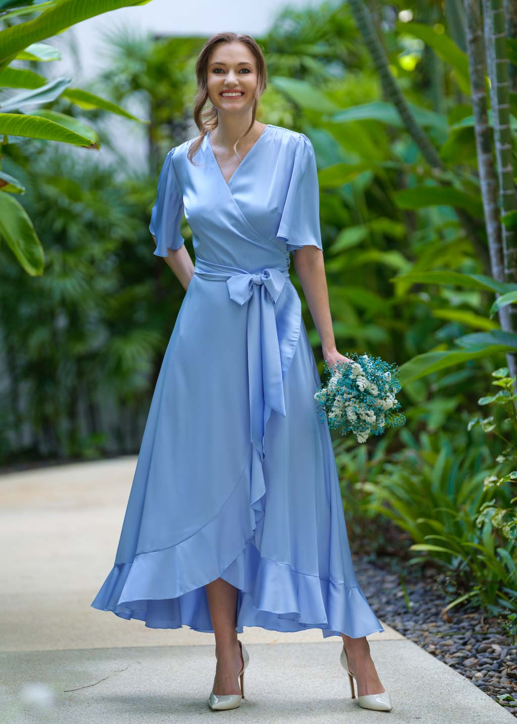 Baby blue wrap silk dress