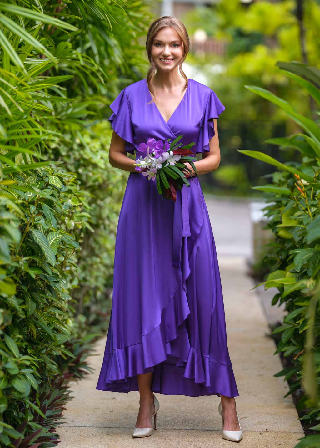 Purple wrap silk dress