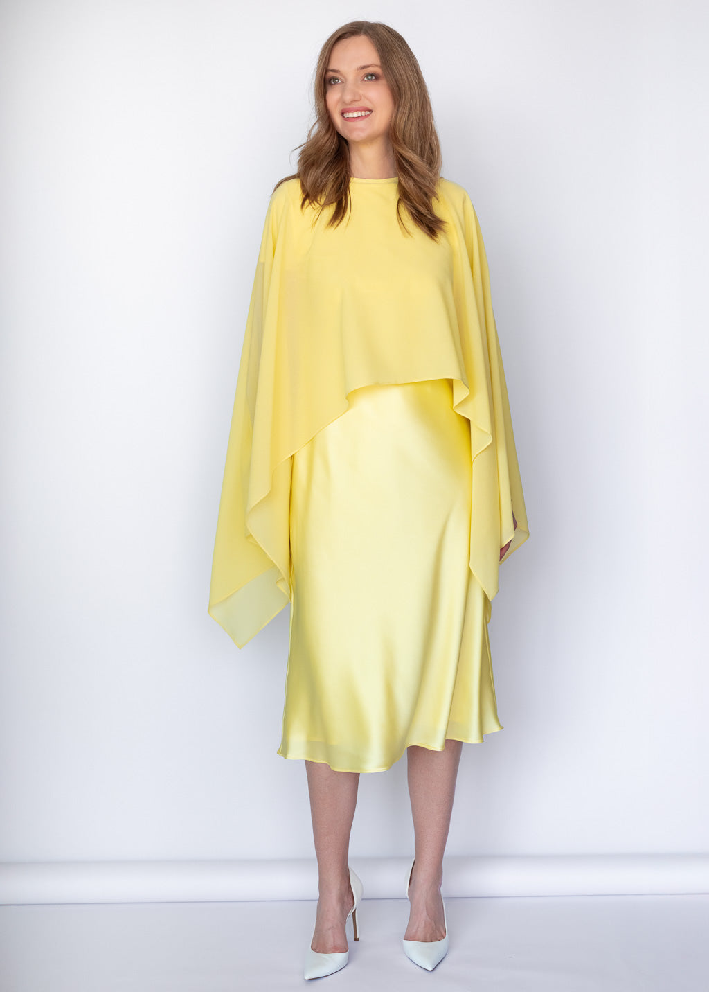 Elegant Lemon Sorbet Silk Midi Dress with Chiffon Dress