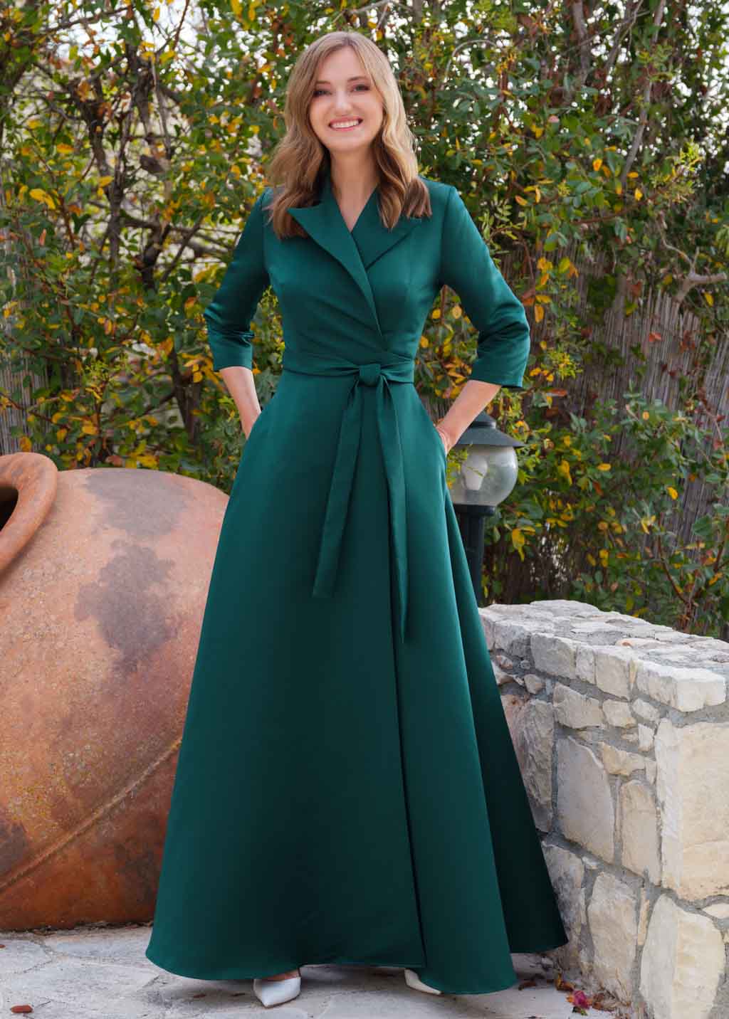 Mother of the Bride & Groom dress dark green wrap satin dress