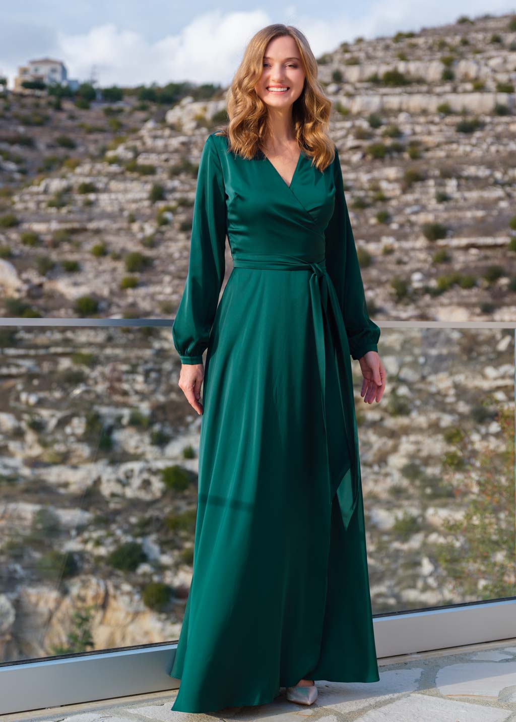 Dark green long silk wrap dress