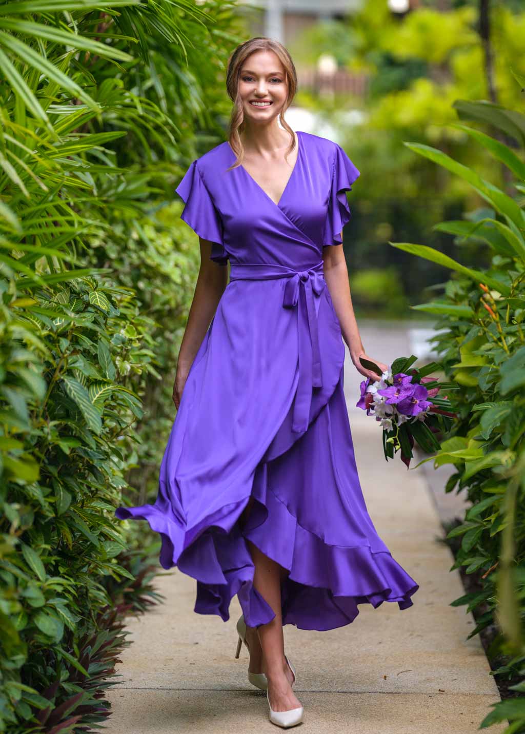 Purple wrap silk dress