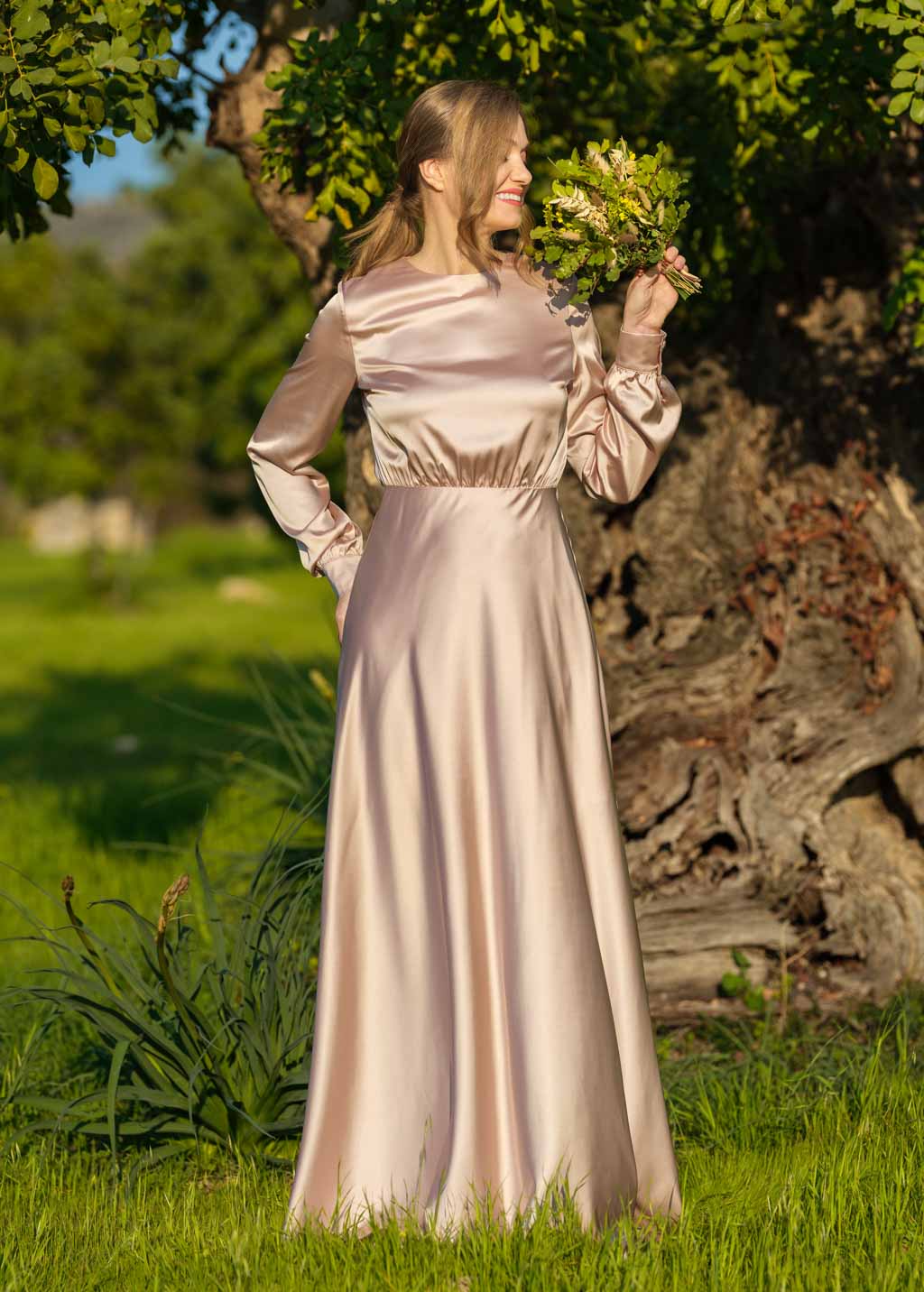 Champagne beige silk long dress