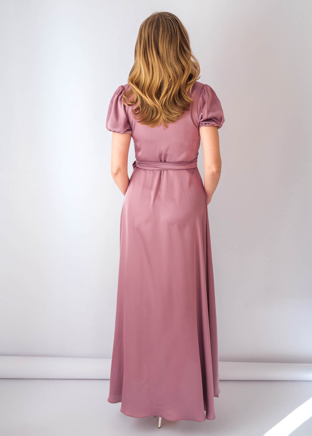 Champagne Rose Silk Wrap Dress with Puff Sleeve