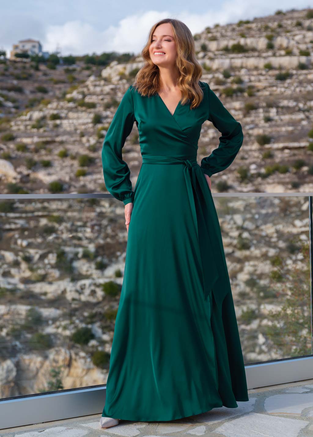 Dark green long silk wrap dress
