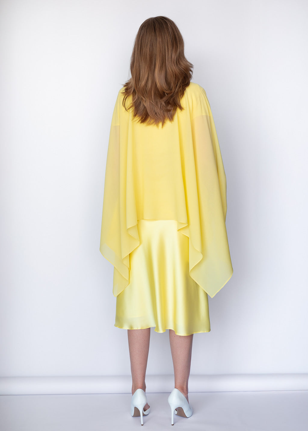 Elegant Lemon Sorbet Silk Midi Dress with Chiffon Dress