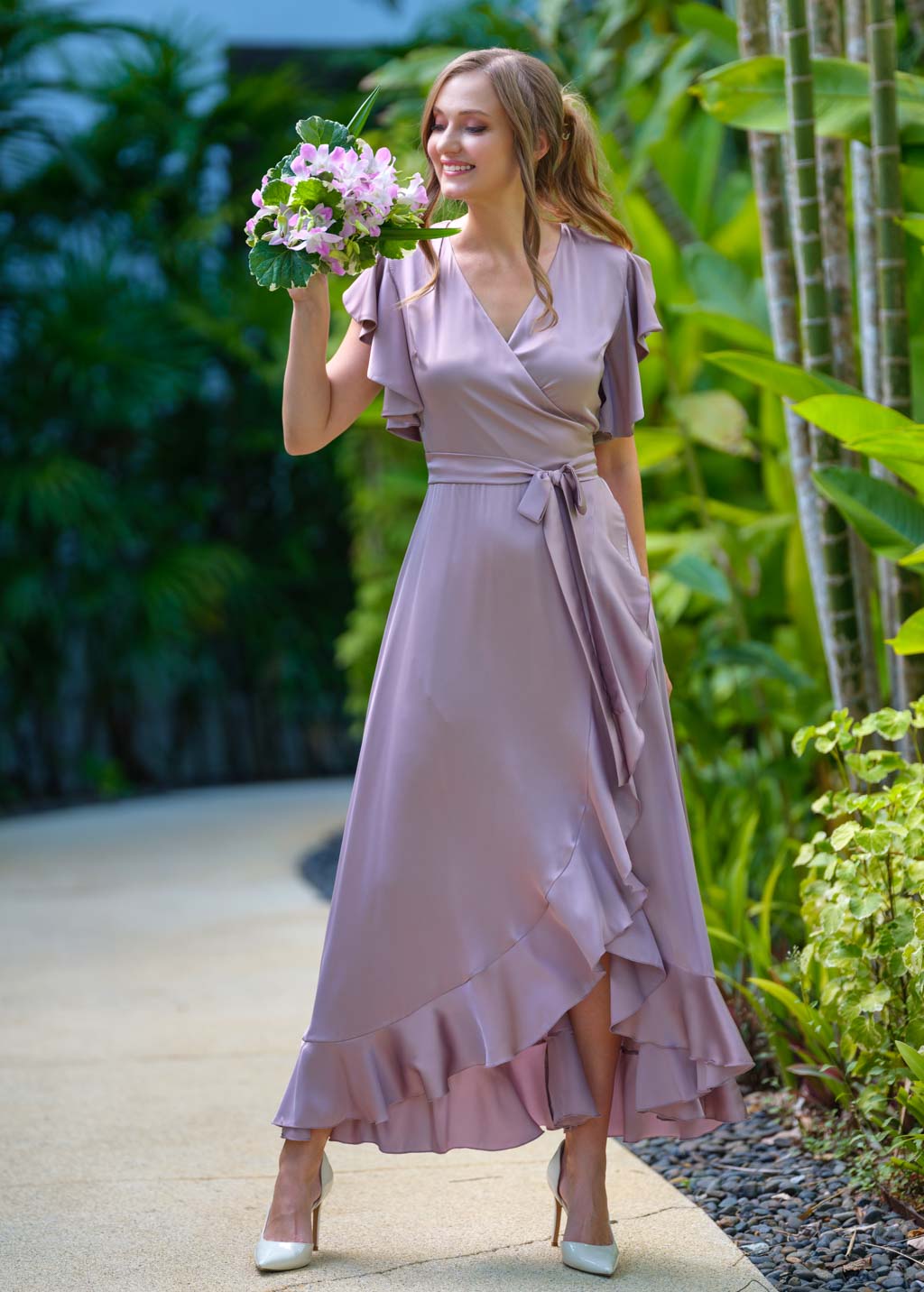 Taupe wrap silk dress