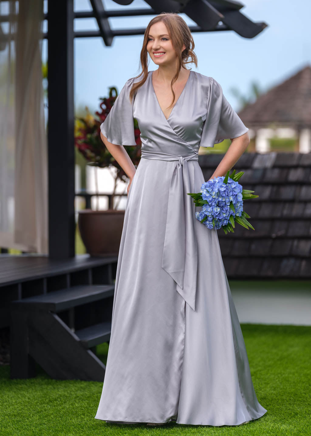 Silver grey wrap long silk dress
