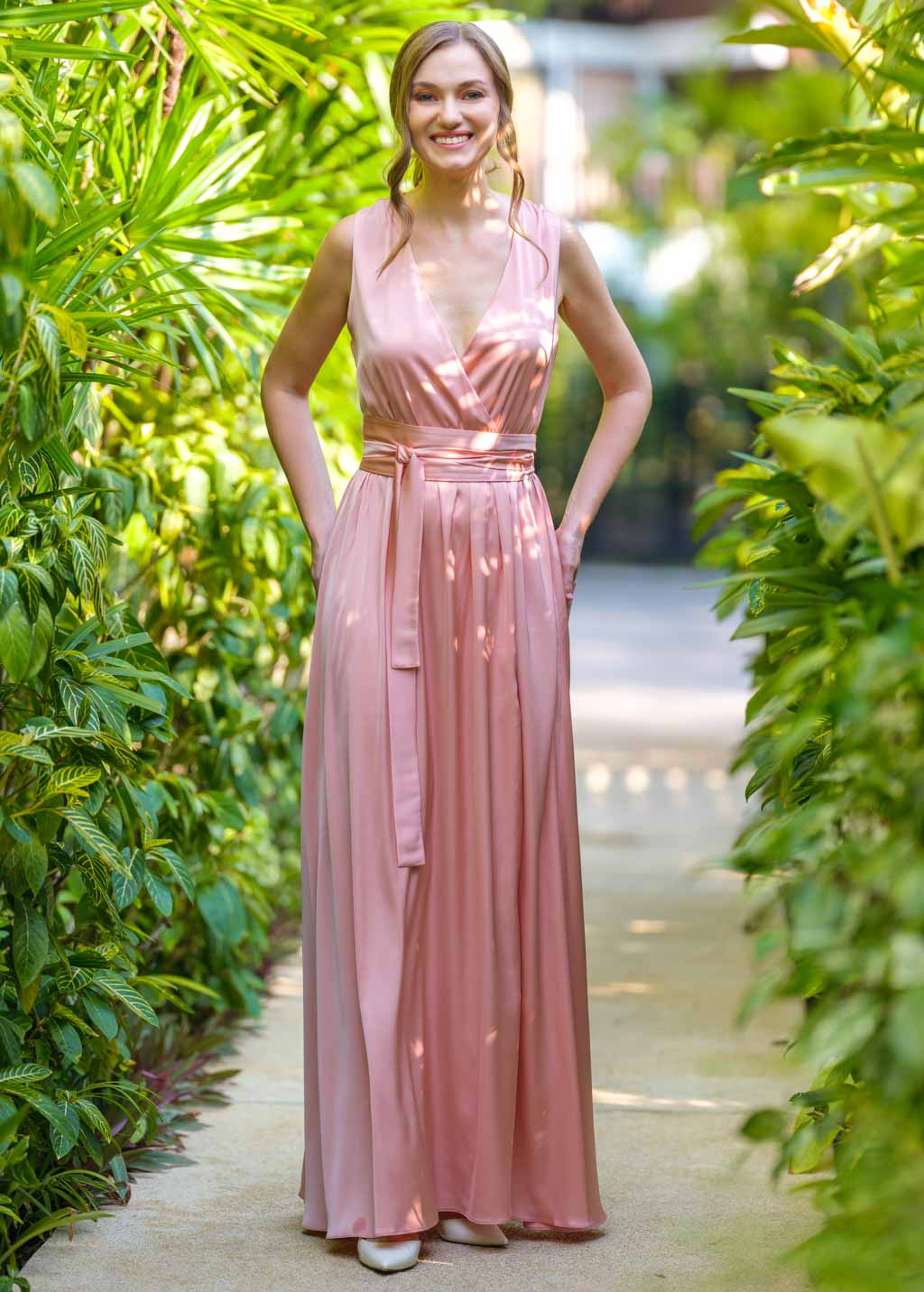 Blush pink silk dress with belt