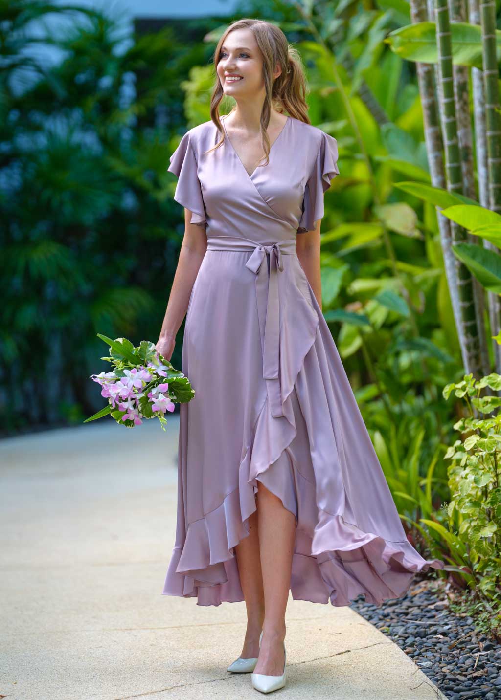 Taupe wrap silk dress