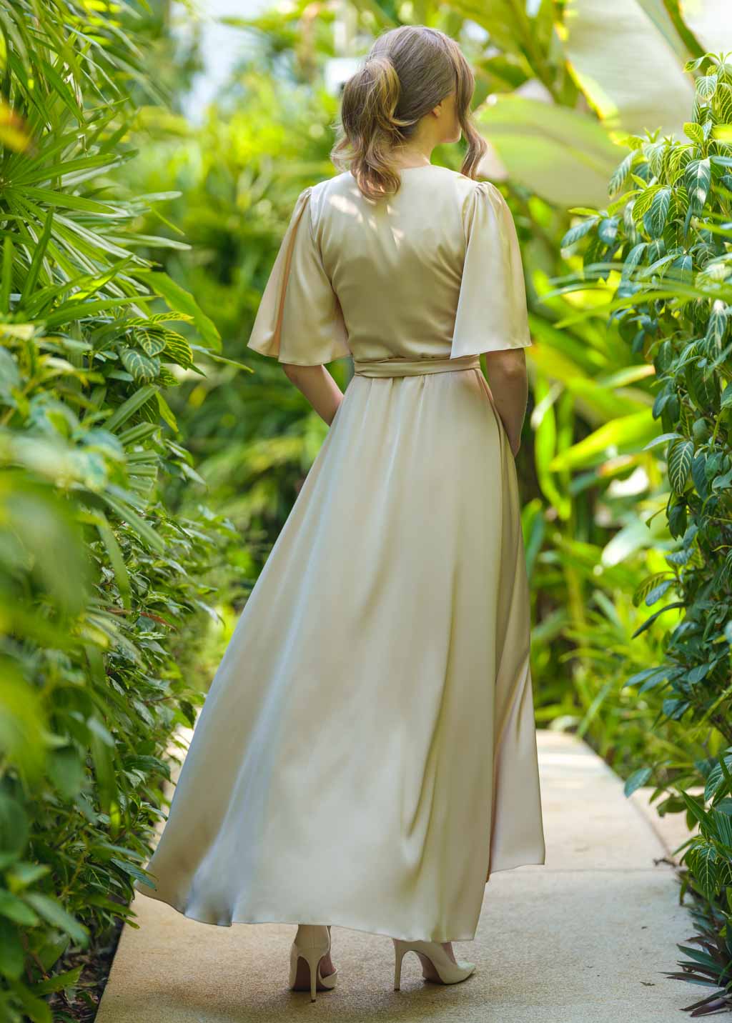 Champagne gold silk long wrap dress