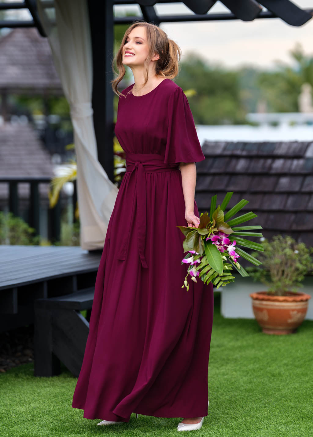 Burgundy slit dress with belt