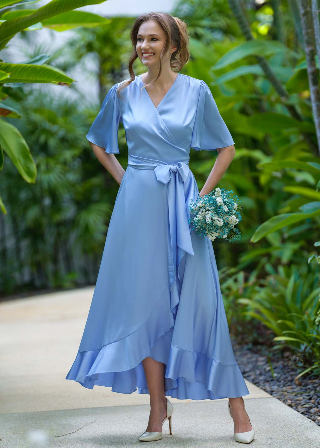 Baby blue wrap silk dress