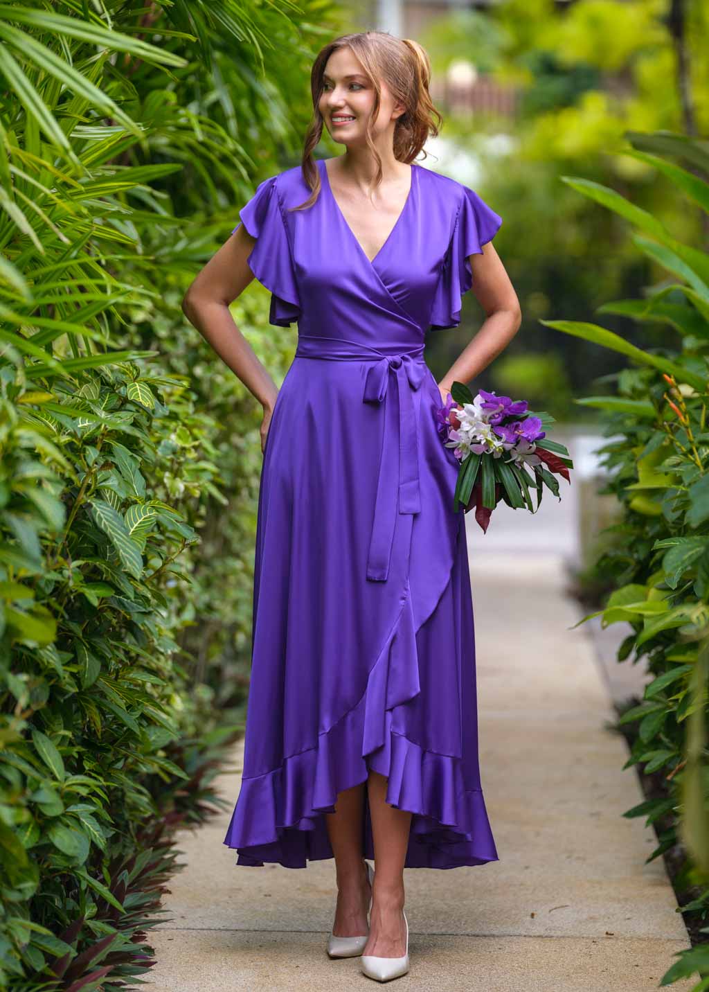 Purple wrap silk dress