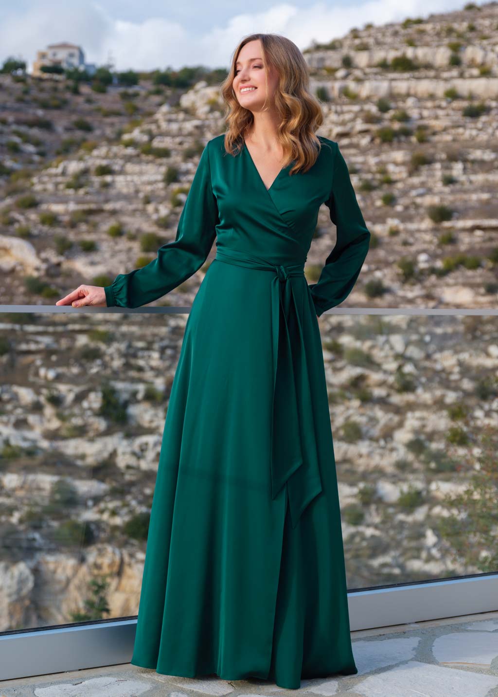 Dark green long silk wrap dress