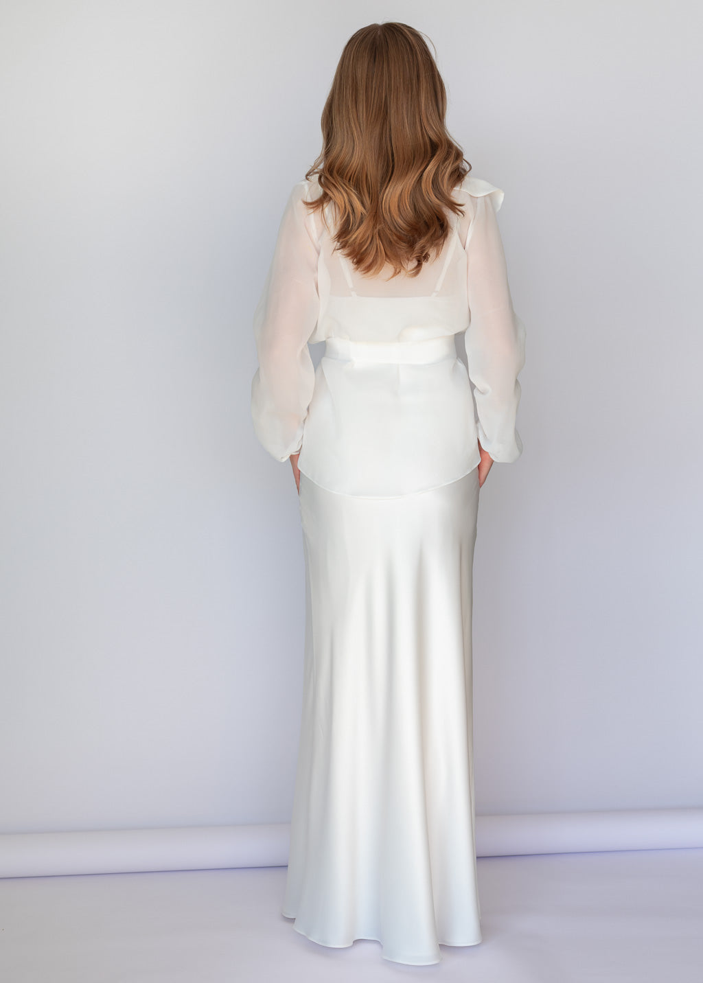 Ivory Bias Cut Silk Satin Maxi Dress with Chiffon Blouse