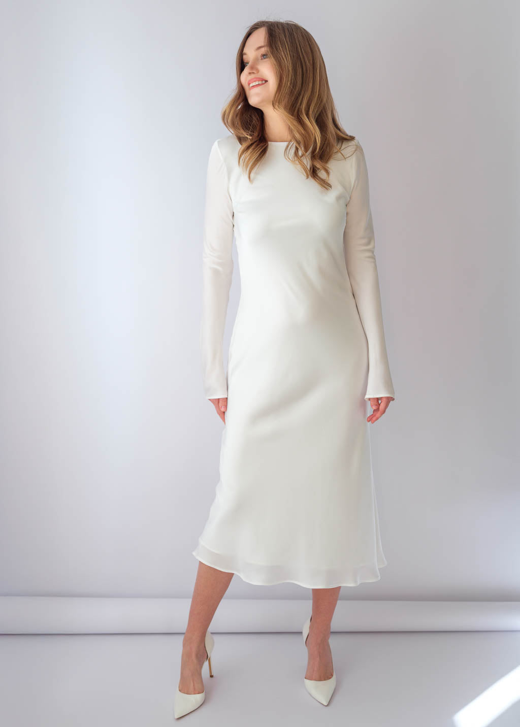 Bias Cut Ivory Silk Dress with Long Sleeves