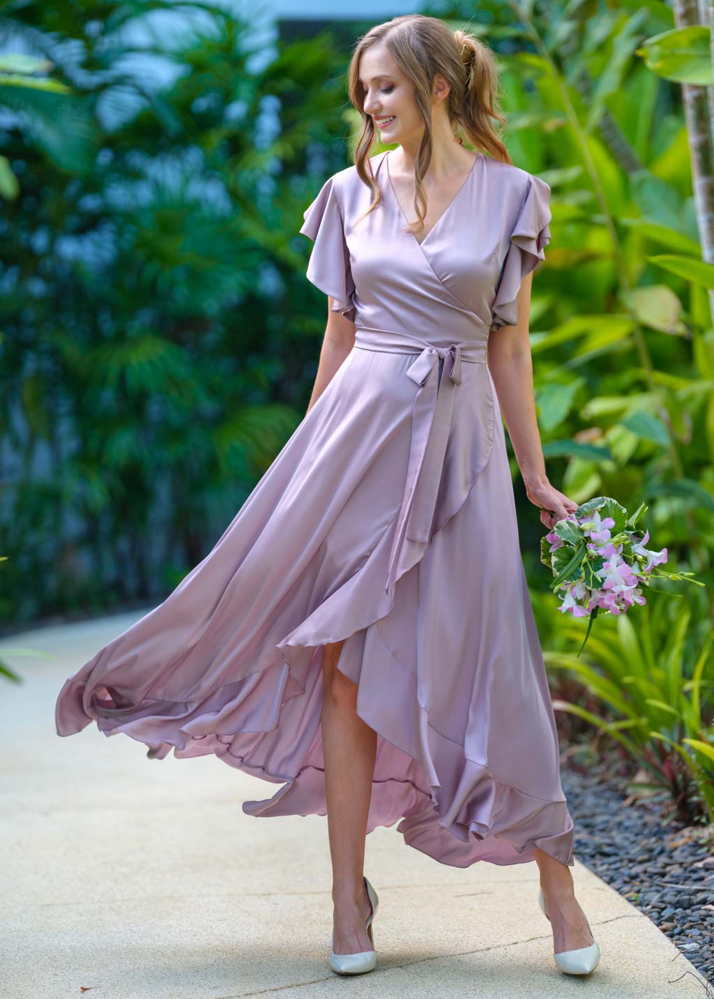 Taupe wrap silk dress