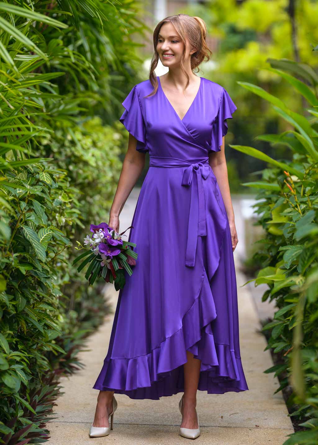 Purple wrap silk dress