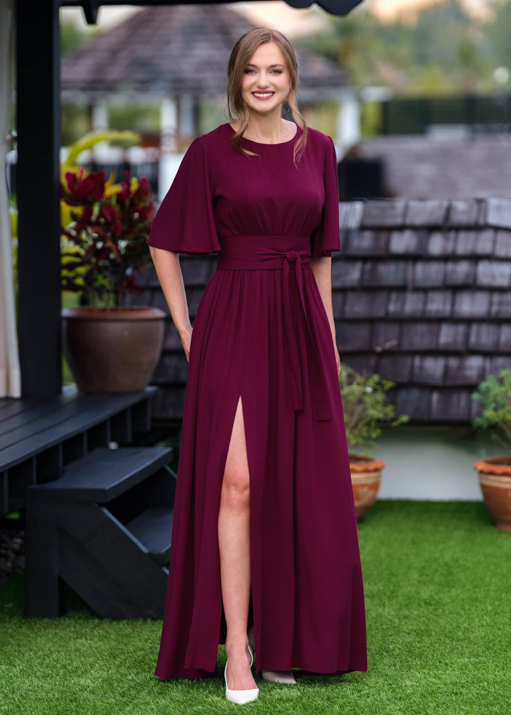 Burgundy slit dress with belt