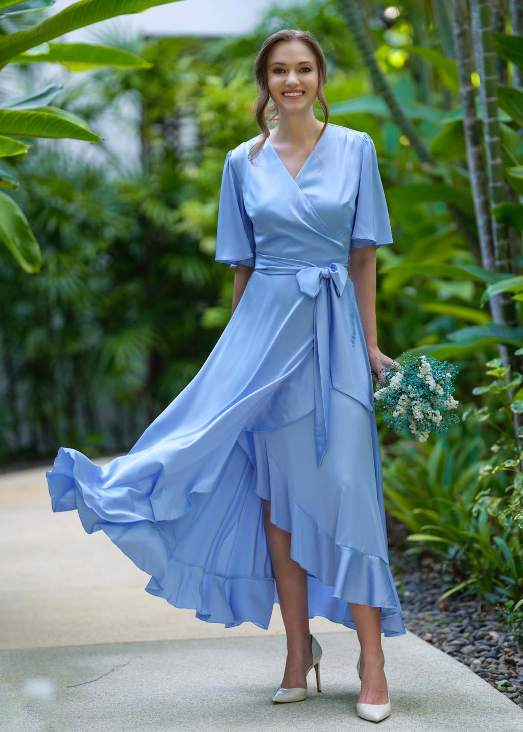 Baby blue wrap silk dress