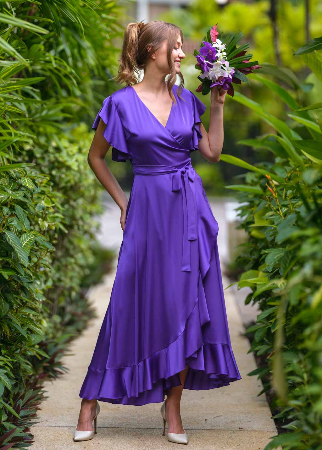Purple wrap silk dress