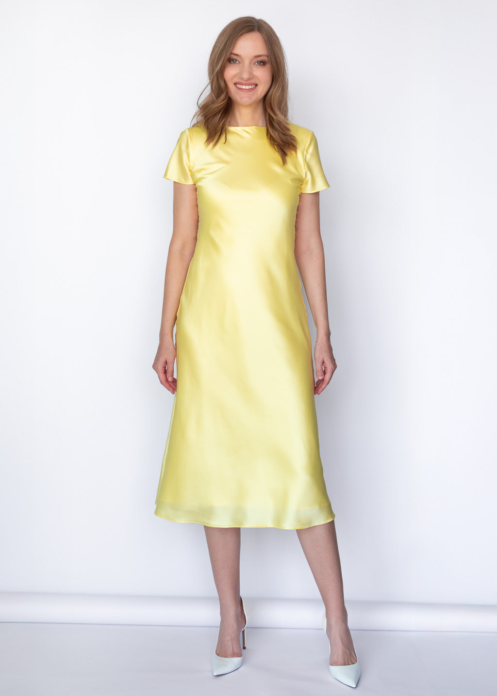 Elegant Lemon Sorbet Silk Midi Dress