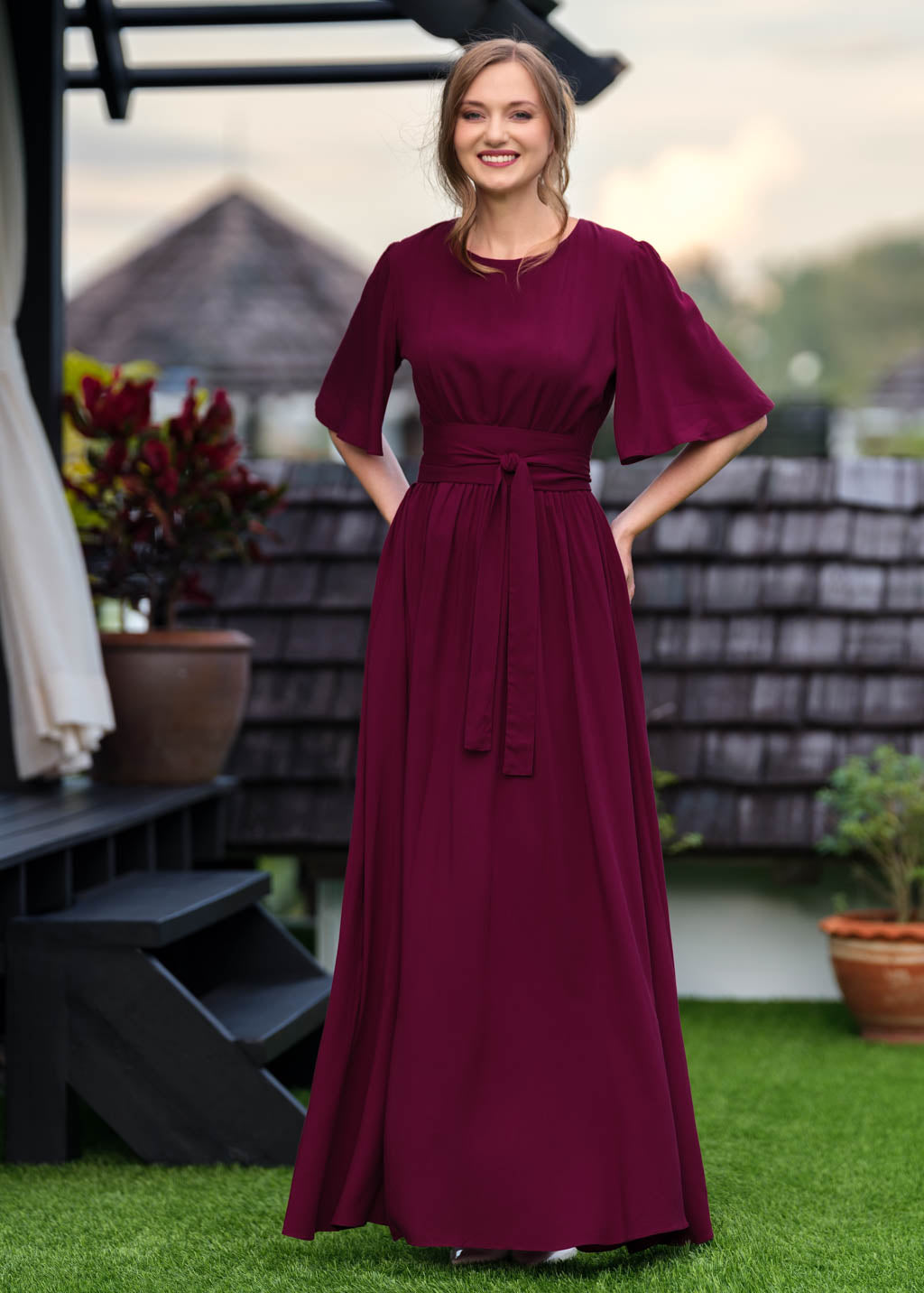 Burgundy slit dress with belt