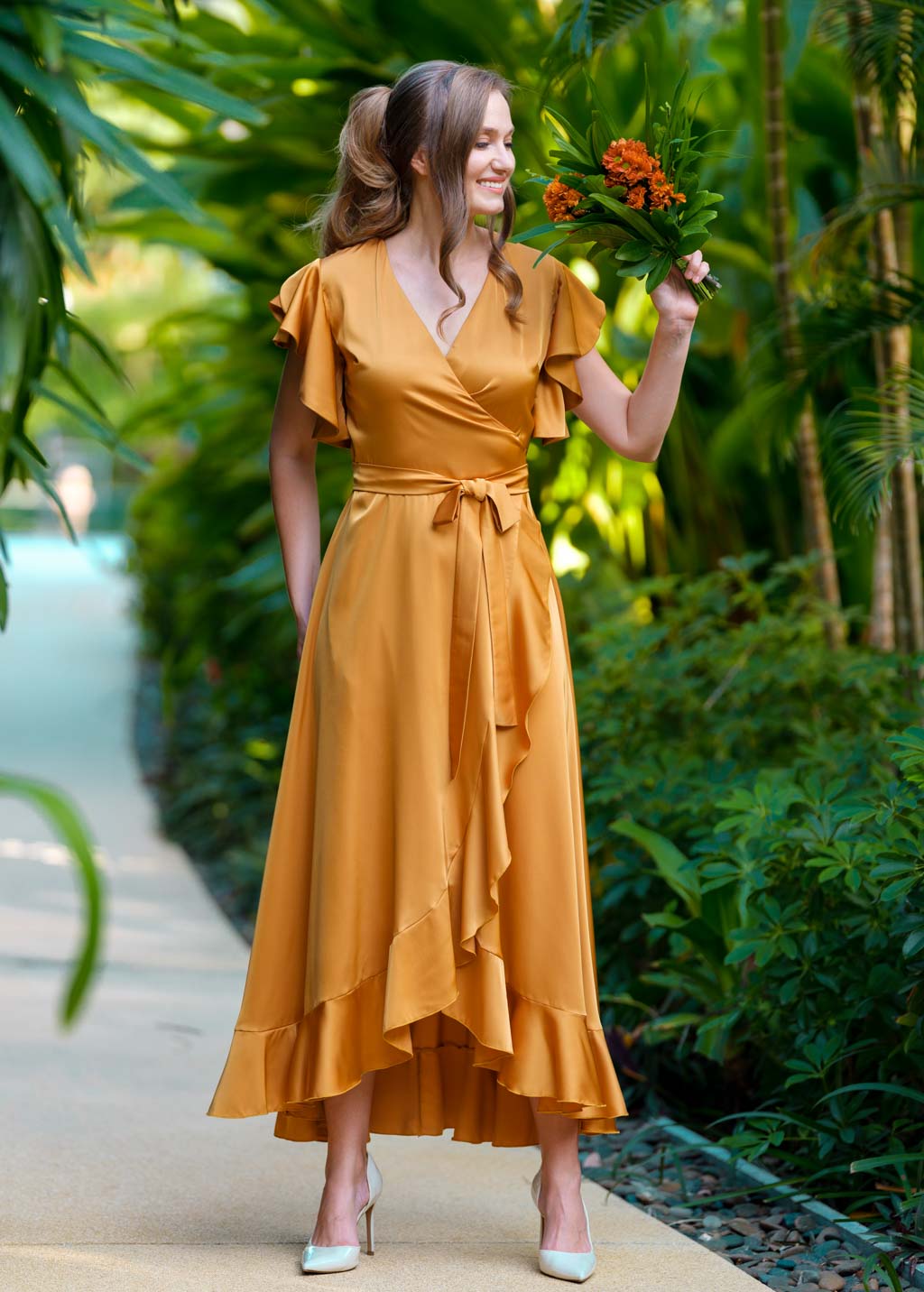 Gold wrap silk dress