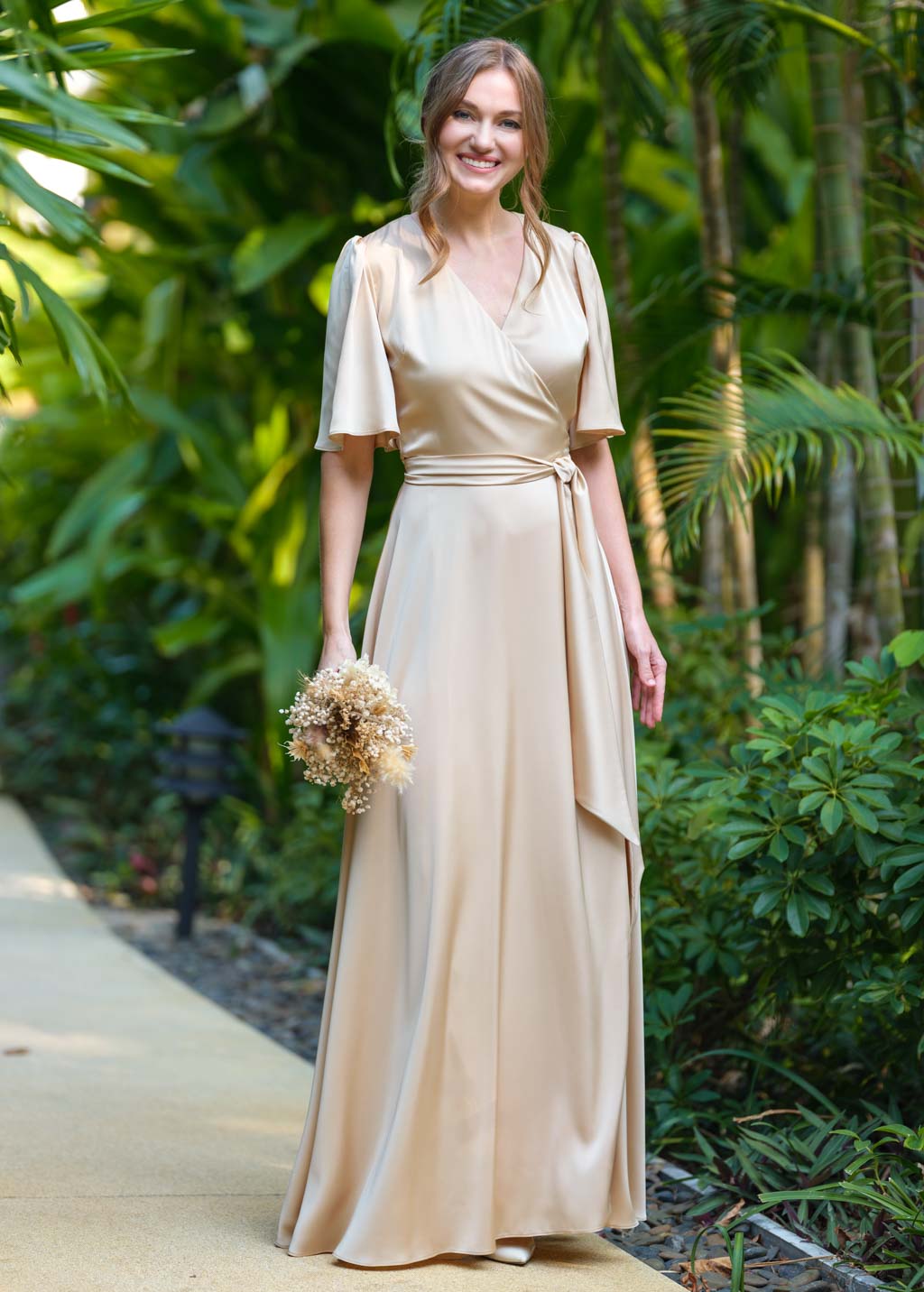 Champagne gold wrap long dress