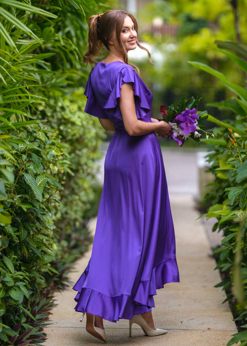 Purple wrap silk dress