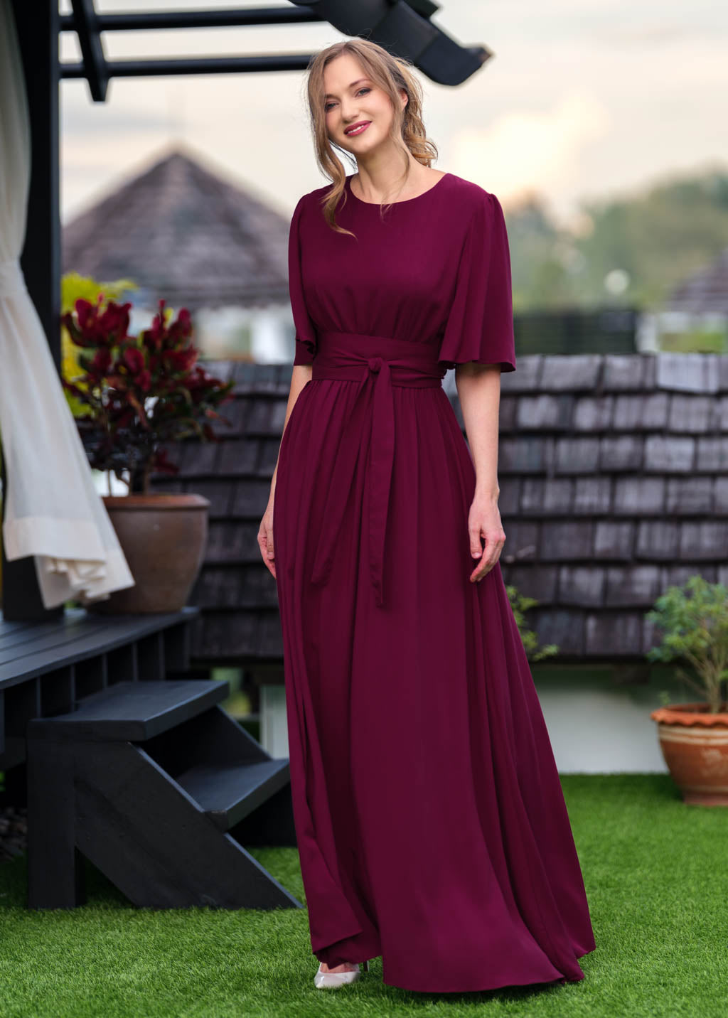 Burgundy slit dress with belt