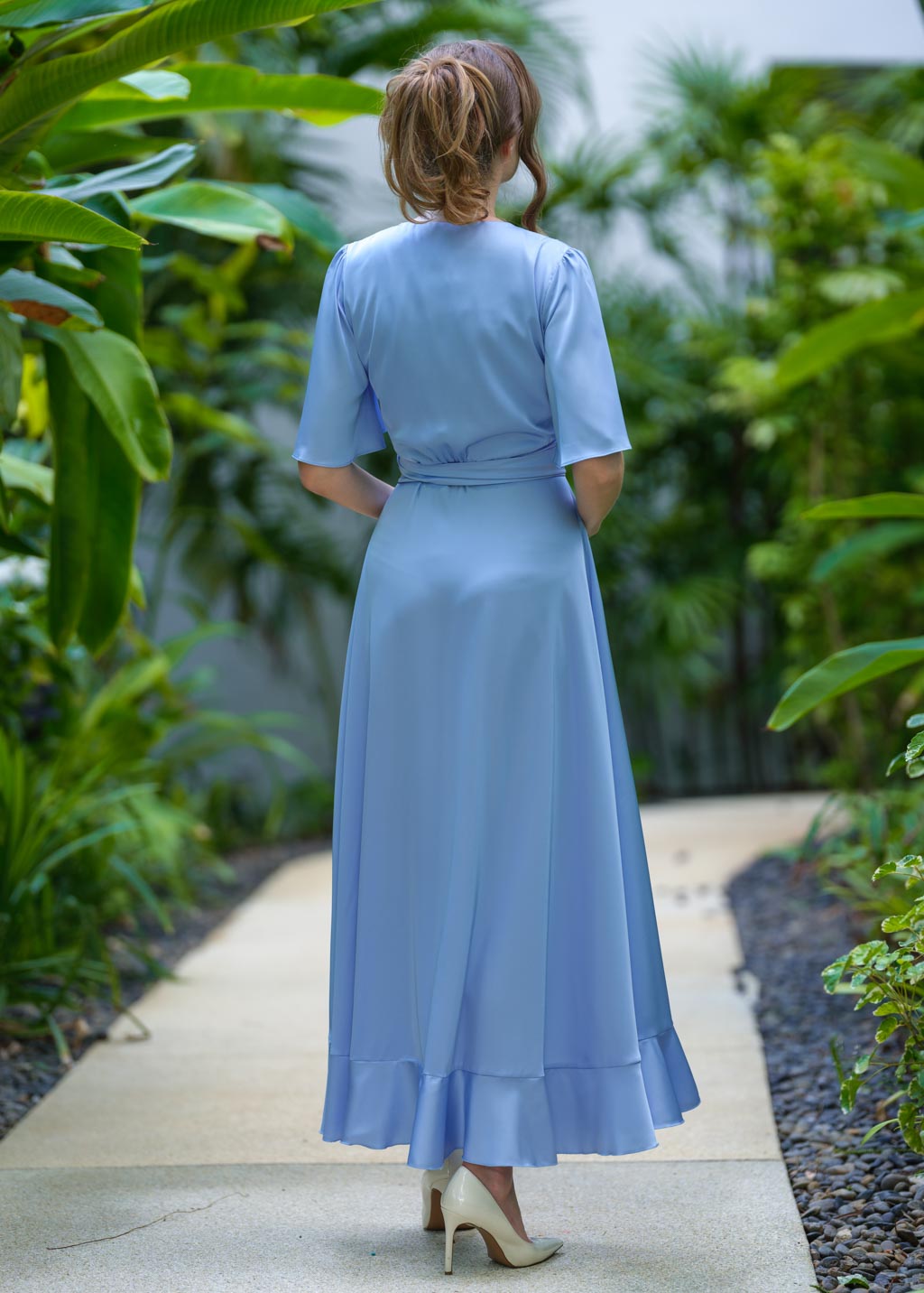 Baby blue wrap silk dress