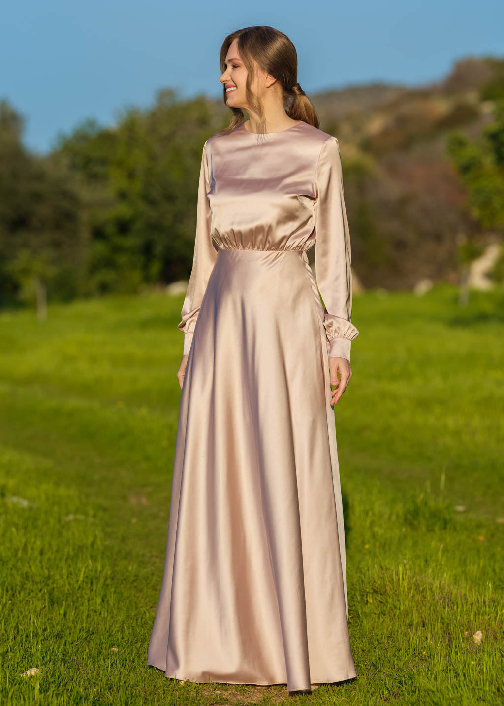 Champagne beige silk long dress
