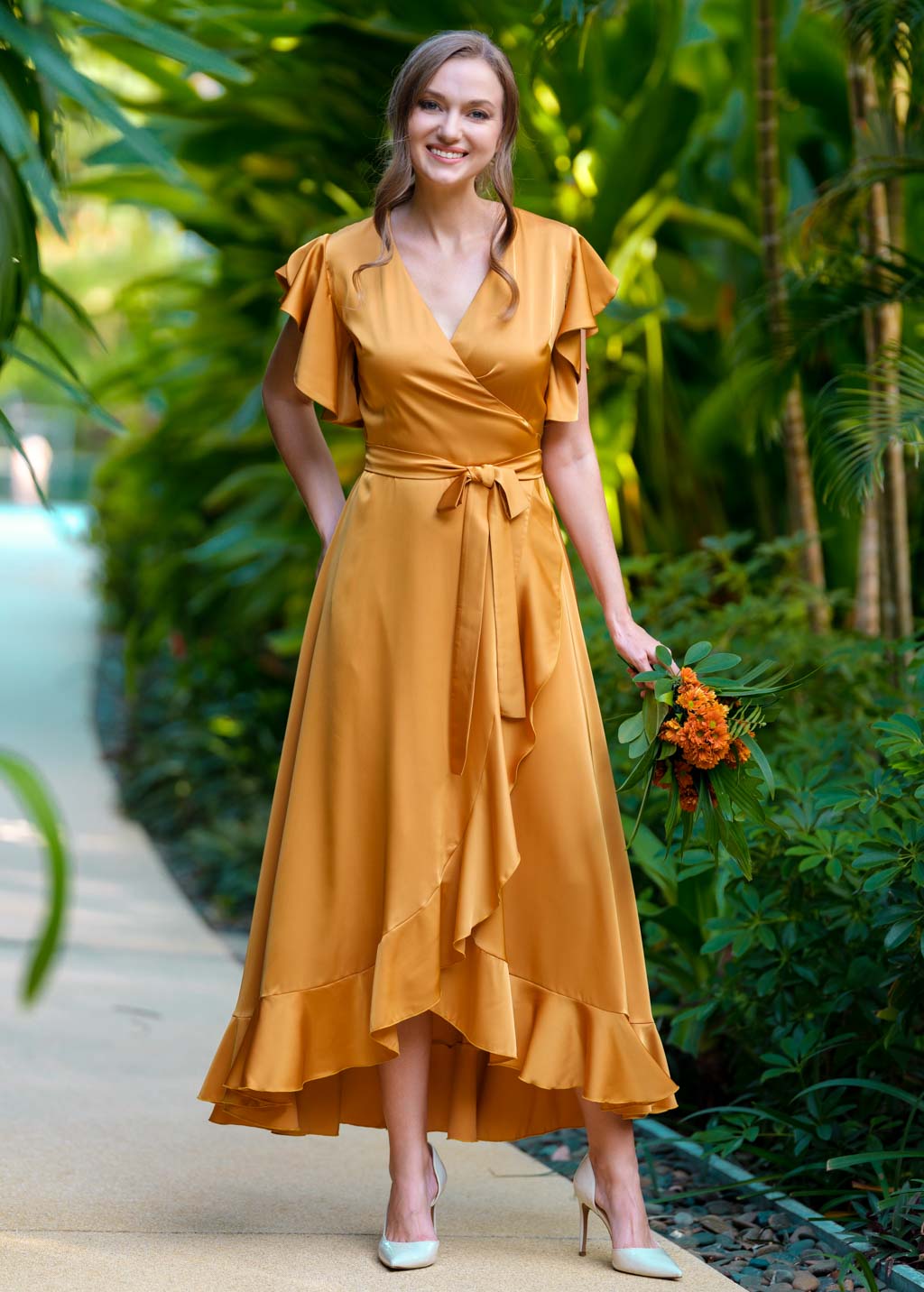 Gold wrap silk dress