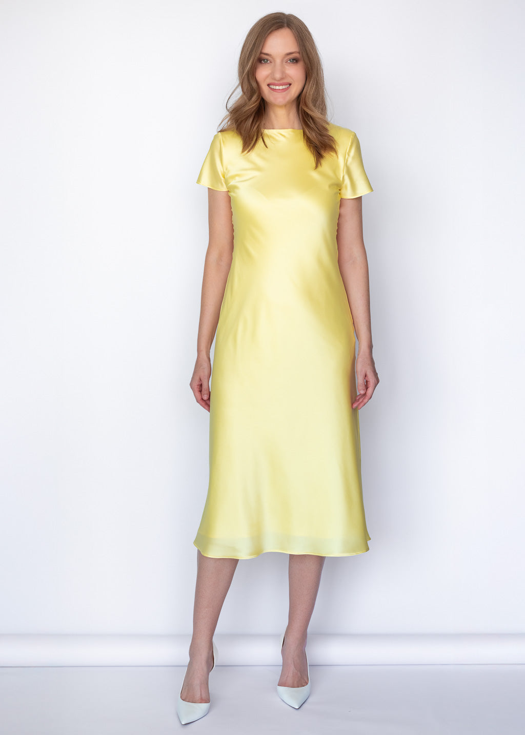 Elegant Lemon Sorbet Silk Midi Dress