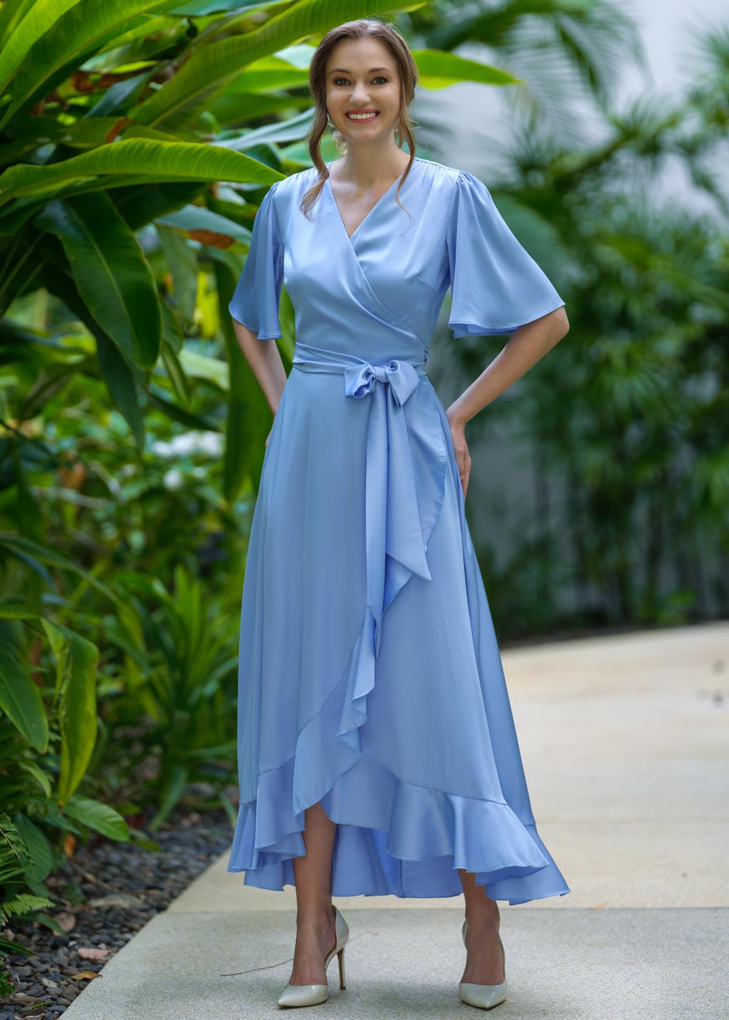 Baby blue wrap silk dress